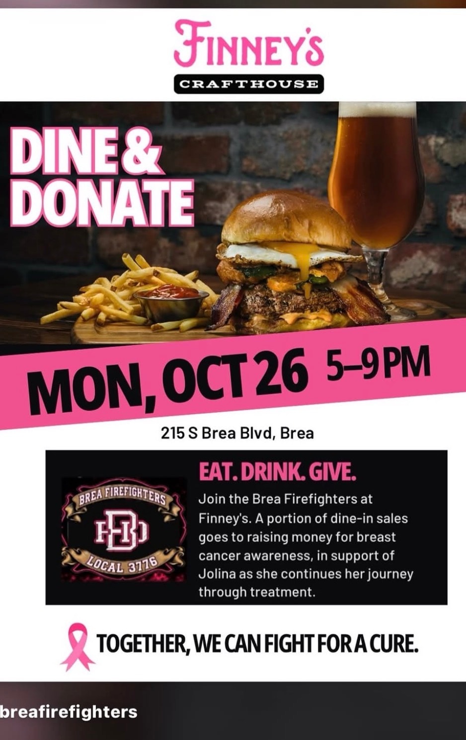 Dine & Donate event flyer — Finney's Crafthouse with Brea Firefighters, Mon Oct 26, 5–9 PM